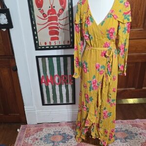 ASOS Yellow Floral Wrap Maxi Dress with Pink & Green Accents